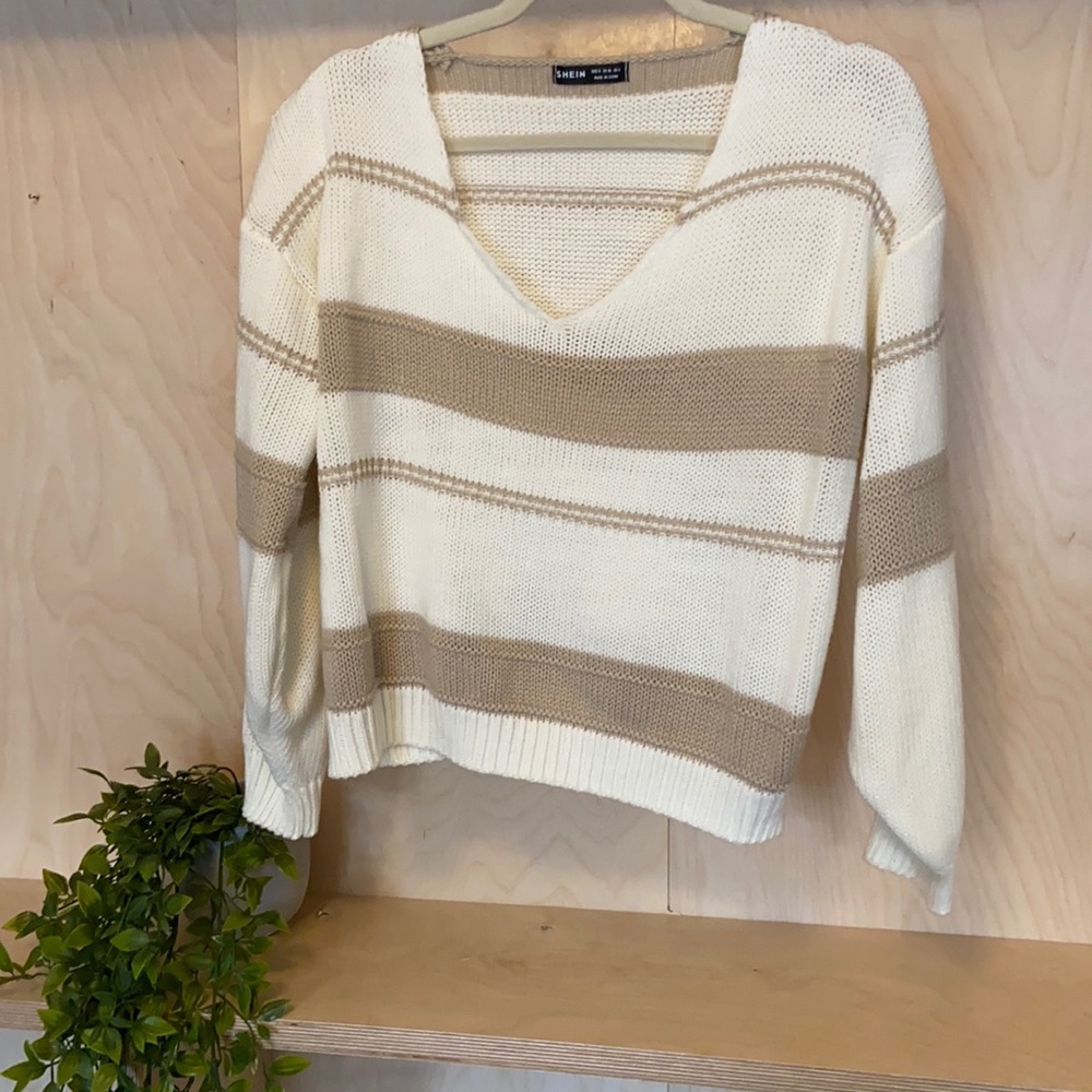 V Neck Drop Shoulder Striped Sweater